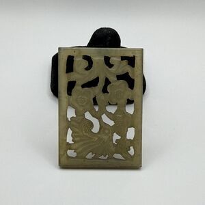 Large Carved Jade Pendant Hummingbird & Flowers Rectangular Vintage